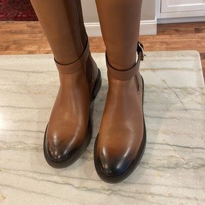 FERRAGAMO FURSEO PEBBLED LEATHER BROWN ELASTIC GANCINI RIDING TALL BOOTS 7.5